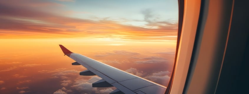 oblò di un aereo sopra le nuvole al tramonto