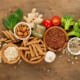 pasta cereali verdure visti dall'alto