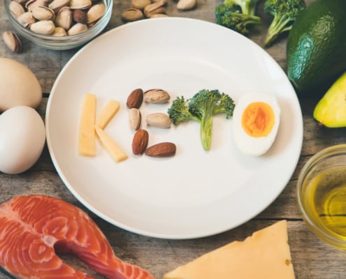 tavola con vari ingredienti che circondano un piatto in cui c'è scritto keto con formaggio, frutta secca broccolo e uovo